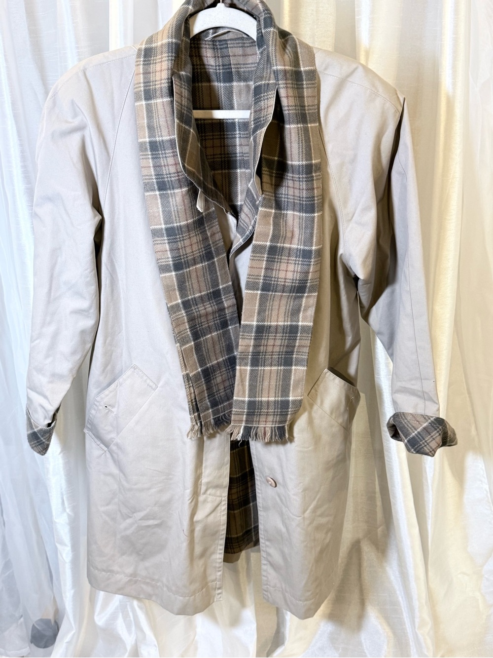Marks & Spencer Beige Men's Trench Coat with Plaid Scarf Collar